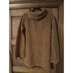 Vintage 90's Y2K Cop copine Orange Turtleneck  Open Knit Sweater Bell Sleeve